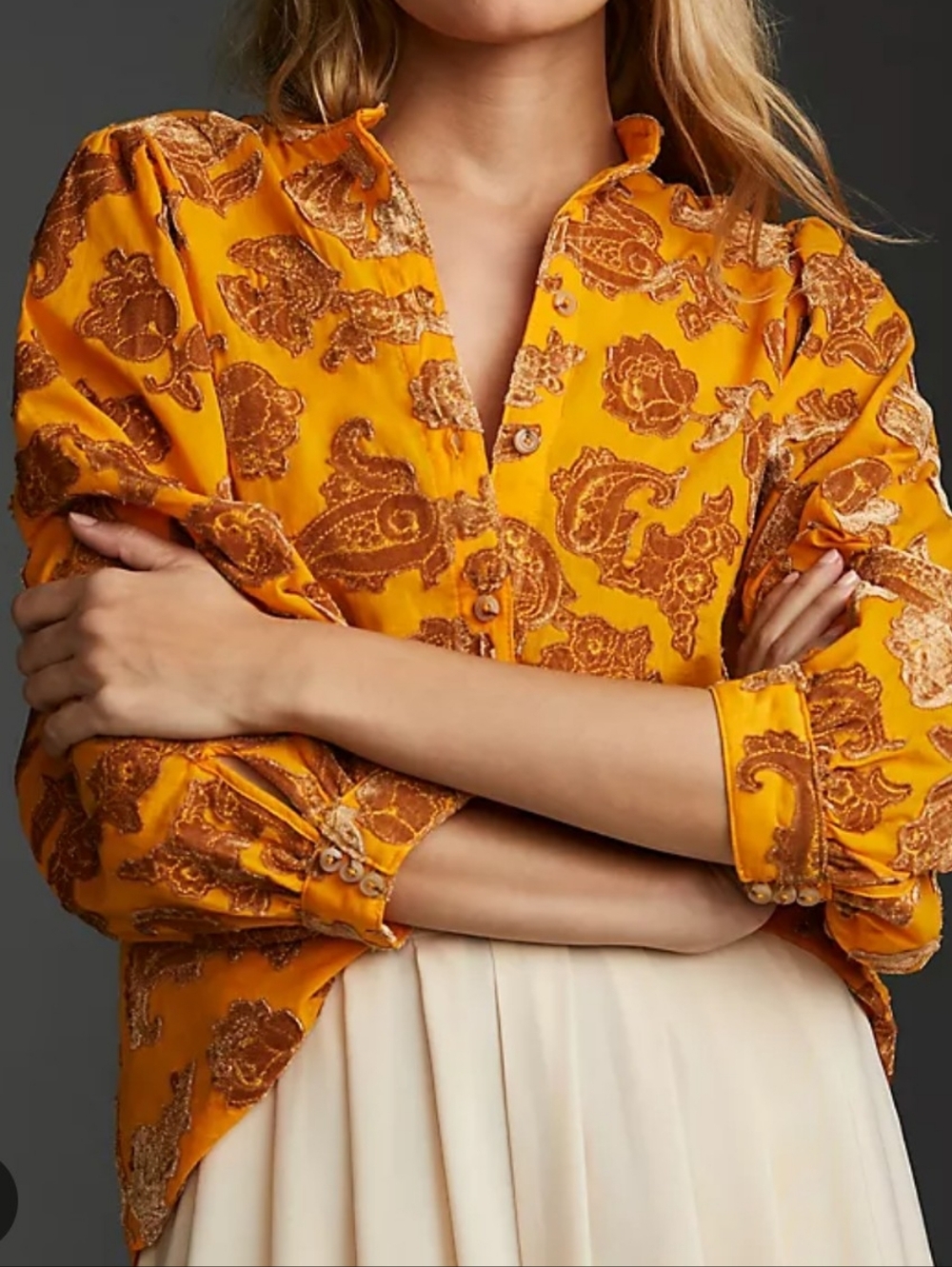 Anthropologie Pilcro Velvet Appliqué Embroidered Boho Button‎ Down Top Gold XLP